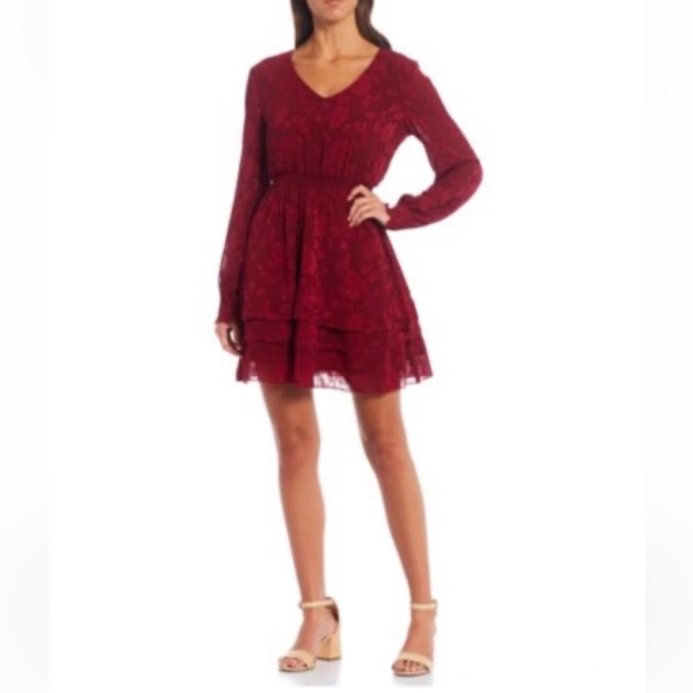 Honey & Rosie Women’s Long sleeve Vneck 3 tier burgundy floral dress